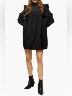 Topshop Black Ruffle-Yoke Long Sleeve Shift Dress